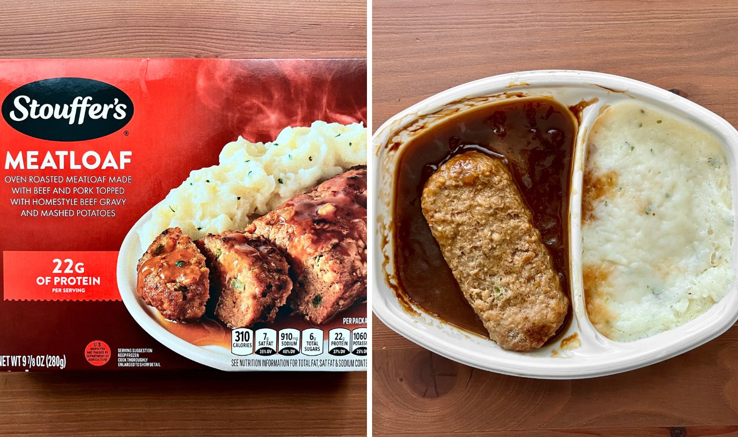 Stouffer’s Meatloaf frozen meal packaging is shown on the left, featuring meatloaf with mashed potatoes and gravy. On the right, the cooked meal appears in a divided tray with meatloaf in gravy and mashed potatoes.