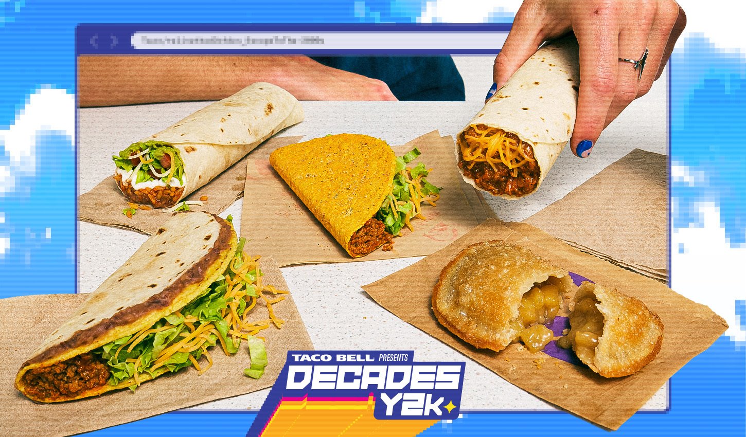 A hand holding a Taco Bell taco with other tacos and a dessert on brown paper, set against a retro computer screen background with “Taco Bell Presents Decades Y2K” text at the bottom.