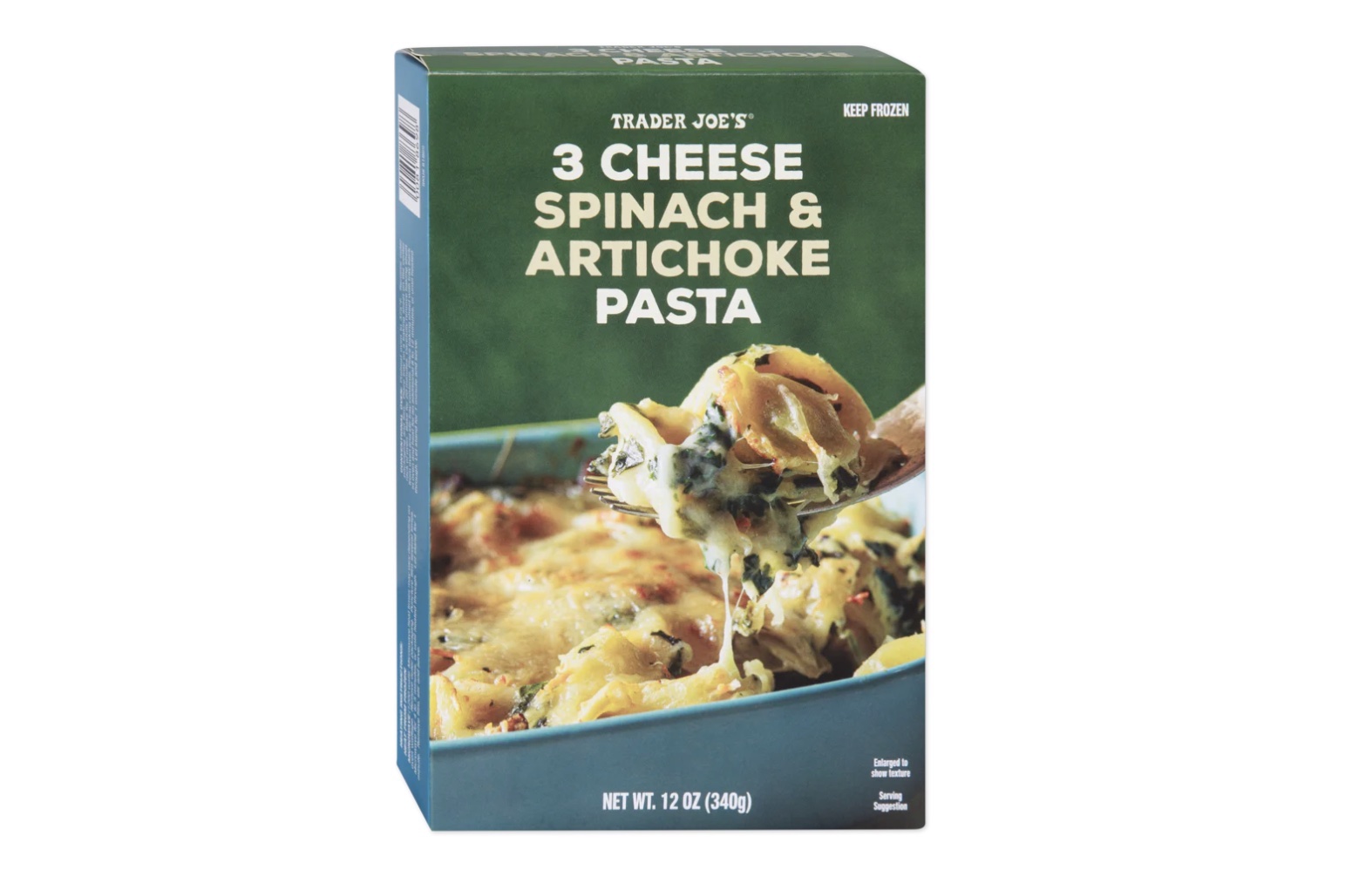 Box of Trader Joe’s 3 Cheese Spinach & Artichoke Pasta, showing a close-up of the baked pasta dish with melted cheese, spinach, and artichoke on a fork. Net weight 12 oz (340g).