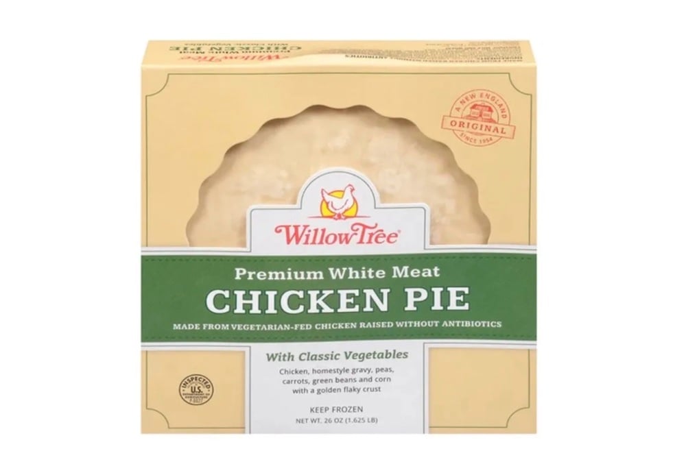 Willow Tree Premium White Meat Chicken Pie box featuring a partially visible pie through a clear window, labeled "With Classic Vegetables" and details about ingredients and preparation on the front.