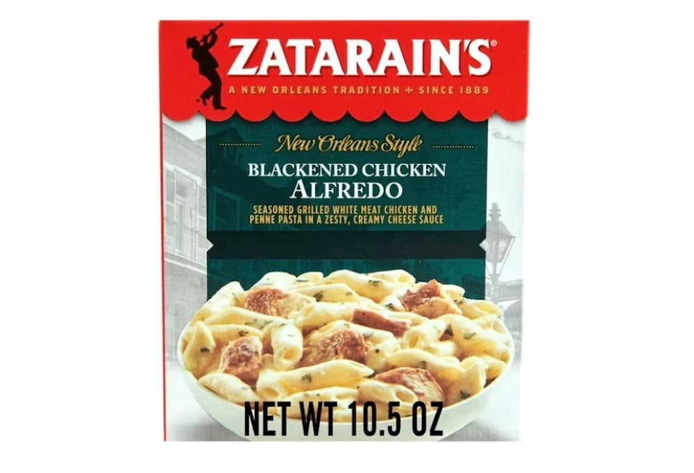 Zatarain’s New Orleans Style Blackened Chicken Alfredo frozen meal box, featuring an image of creamy pasta with chicken pieces on the front. Text highlights are “Seasoned Grilled White Meat Chicken” and “Net Wt 10.5 oz.”