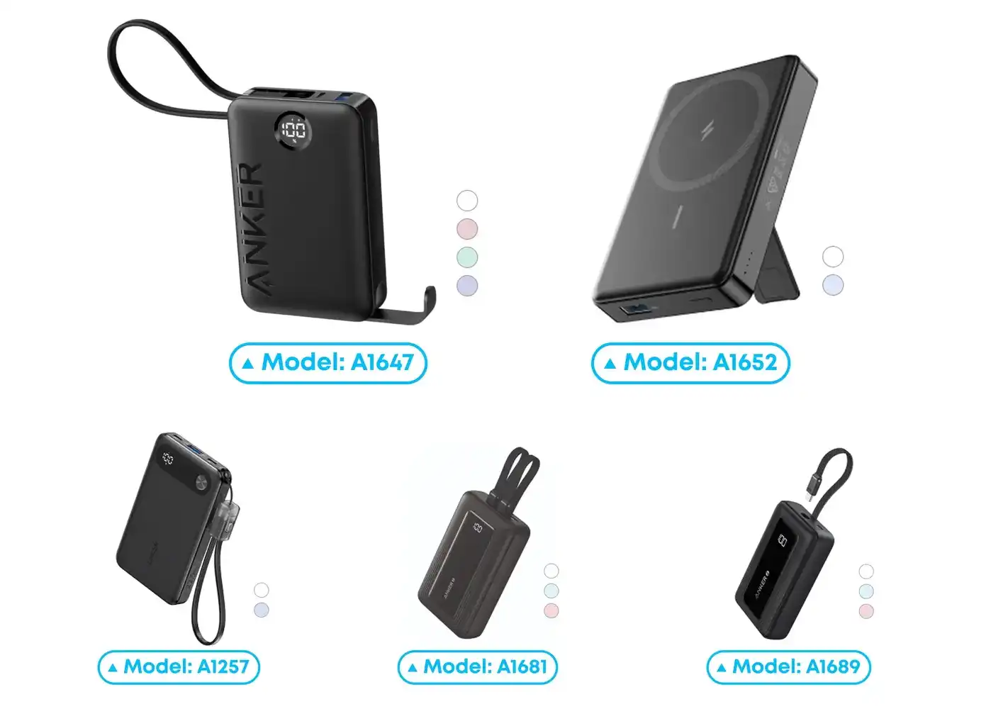 Five different black Anker portable chargers, each labeled with a unique model number: A1647, A1652, A1257, A1681, and A1689. Colored dots appear next to each charger, indicating color options.