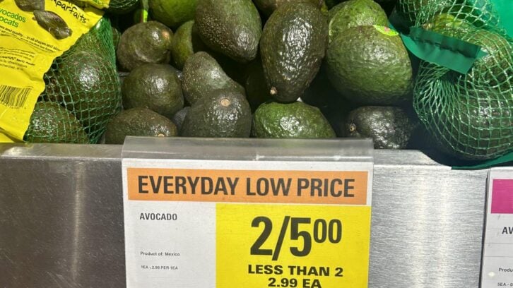 A display of avocados at a grocery store above a yellow sign that reads, "EVERYDAY LOW PRICE: Avocado 2 for $5.00, less than 2: $2.99 each.