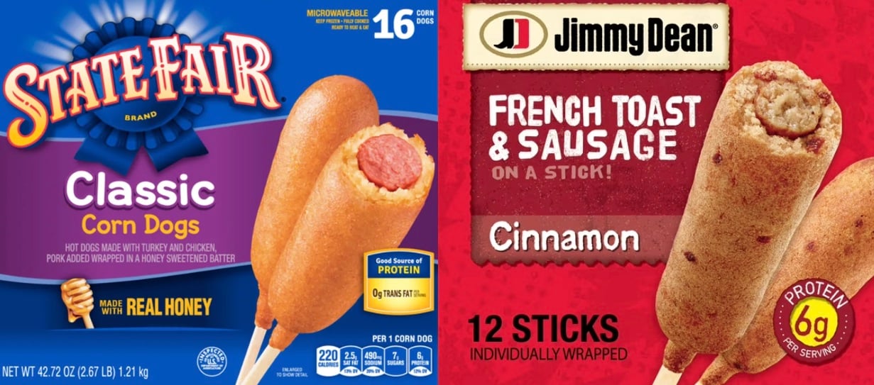 Two boxed products: State Fair Classic Corn Dogs with real honey on the left, and Jimmy Dean French Toast & Sausage Cinnamon sticks on the right, both featuring images of the foods on a stick, along with corn dog recall information.