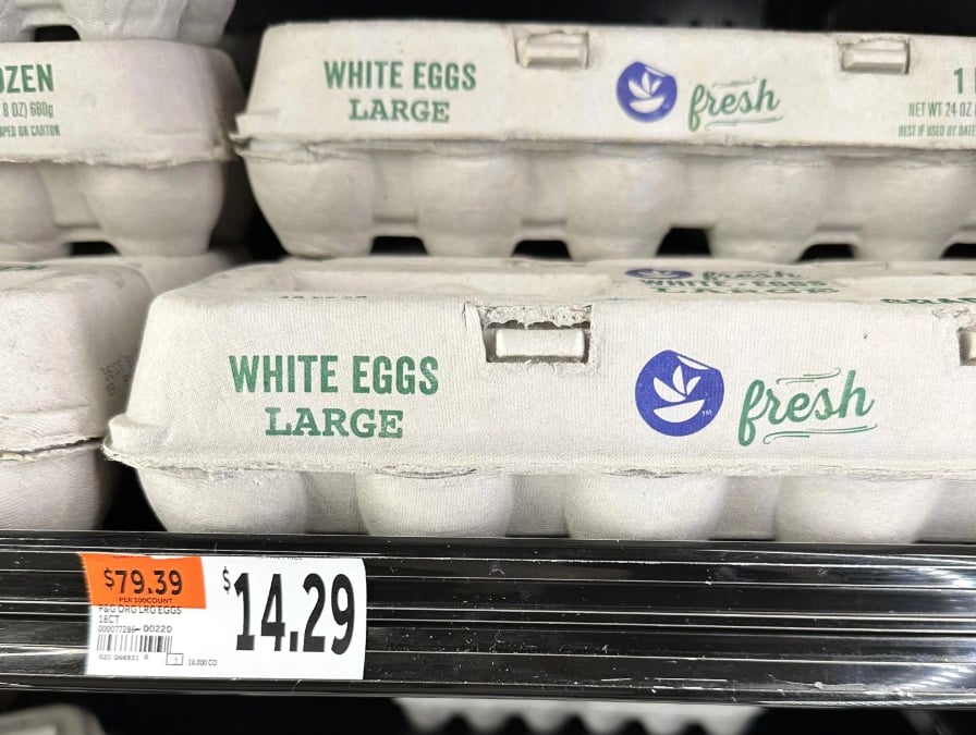 Carton of large white eggs labeled “fresh” priced at $14.29 on a store shelf, with an orange tag above showing $79.39 for a different item.