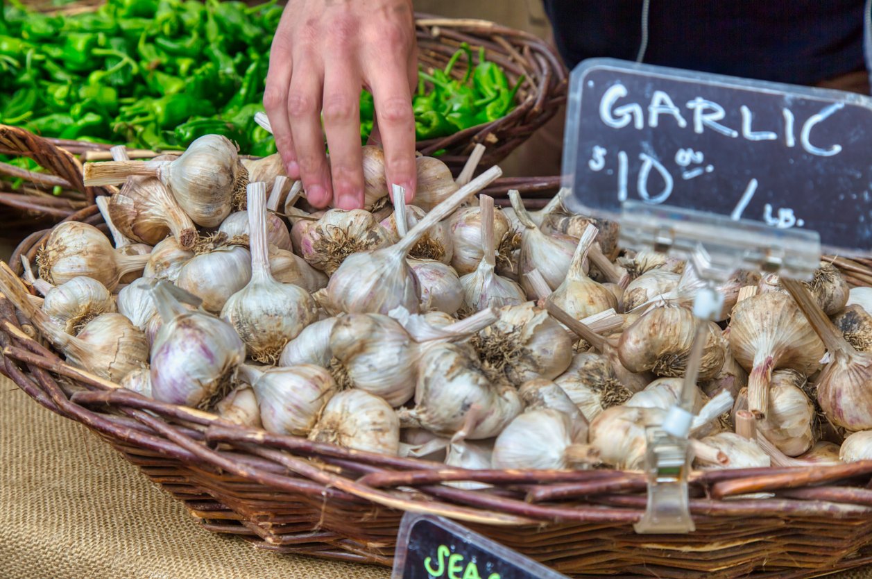 A hand reaches into a wicker basket filled with heads of garlic at a farmers market. A sign in front of the basket reads "Garlic $10/lb." Green vegetables are visible in the background.