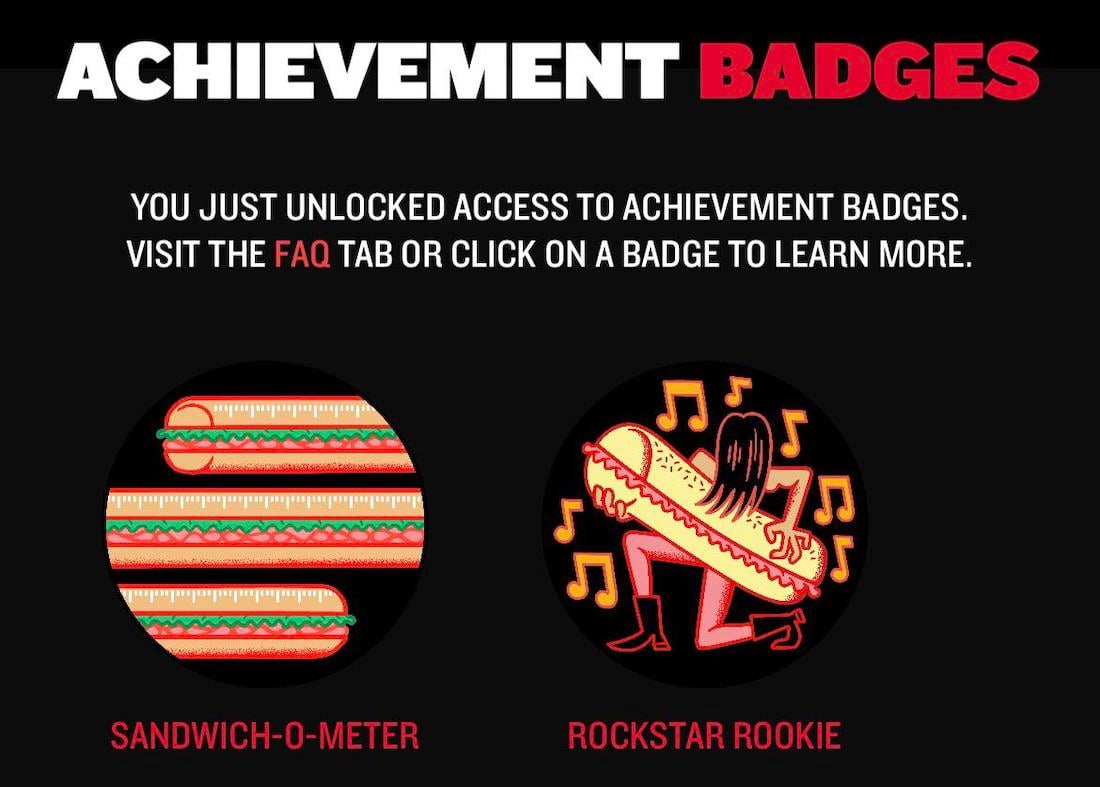 Achievement Badges screen showing two badges: a stacked sandwich badge labeled "Sandwich-O-Meter" and a person dancing with a large sandwich labeled "Rockstar Rookie." Instructions to access badges are above.