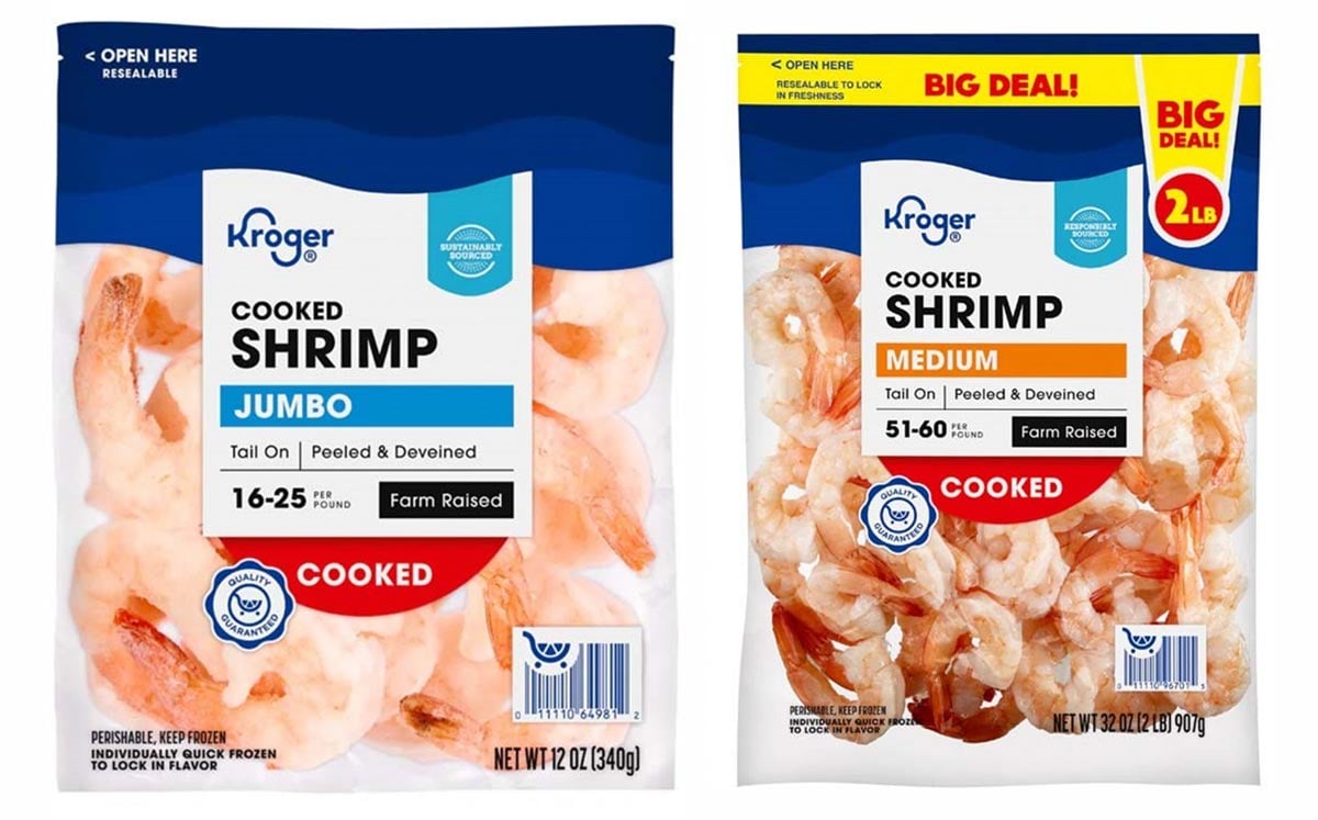 Two packages of Kroger cooked shrimp are shown. The left bag is labeled “Jumbo” with 16-25 shrimp per pound, and the right bag is “Medium” with 51-60 shrimp per pound. Both bags are blue and white with images of shrimp.