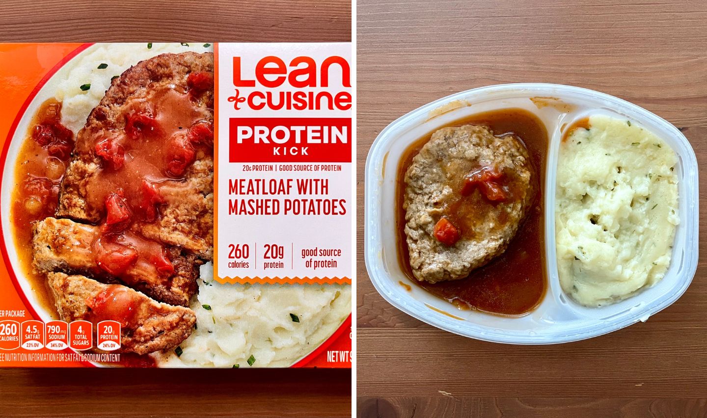 A Lean Cuisine Protein Kick Meatloaf with Mashed Potatoes TV dinner is shown: the box on the left and the cooked meal in its tray on the right, with meatloaf in red sauce and mashed potatoes separated by a divider.