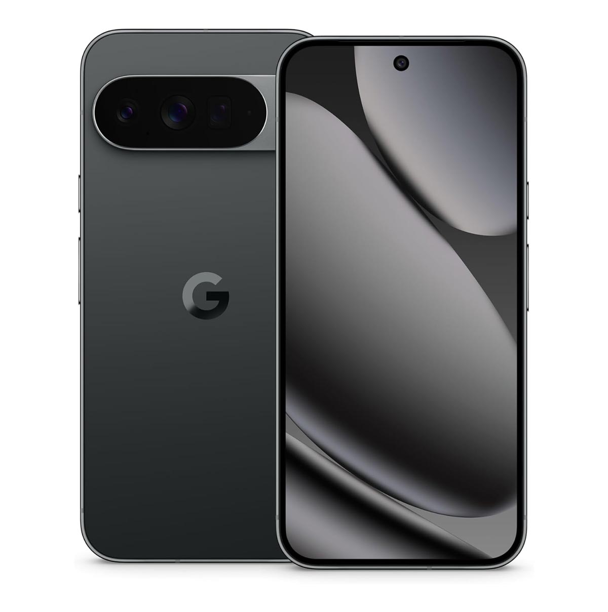A black Google Pixel smartphone shown from the front and back. The front displays a full-screen design with a centered hole-punch camera, while the back features a horizontal camera bar and the Google "G" logo.