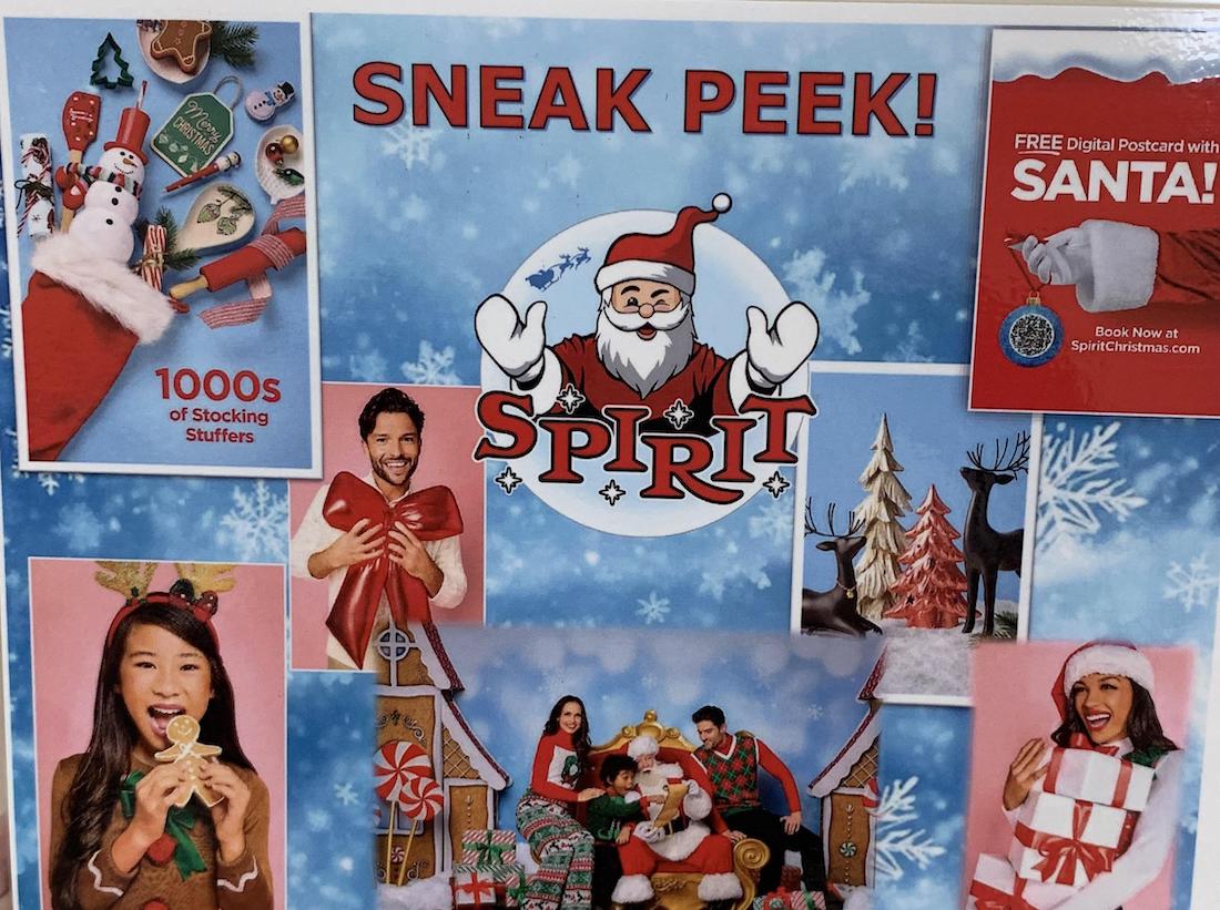 A festive holiday collage with "SNEAK PEEK!" at the top and "SPIRIT" in the center with a Santa character. Surrounding images show gifts, stockings, a snowy scene, and people smiling with holiday props.