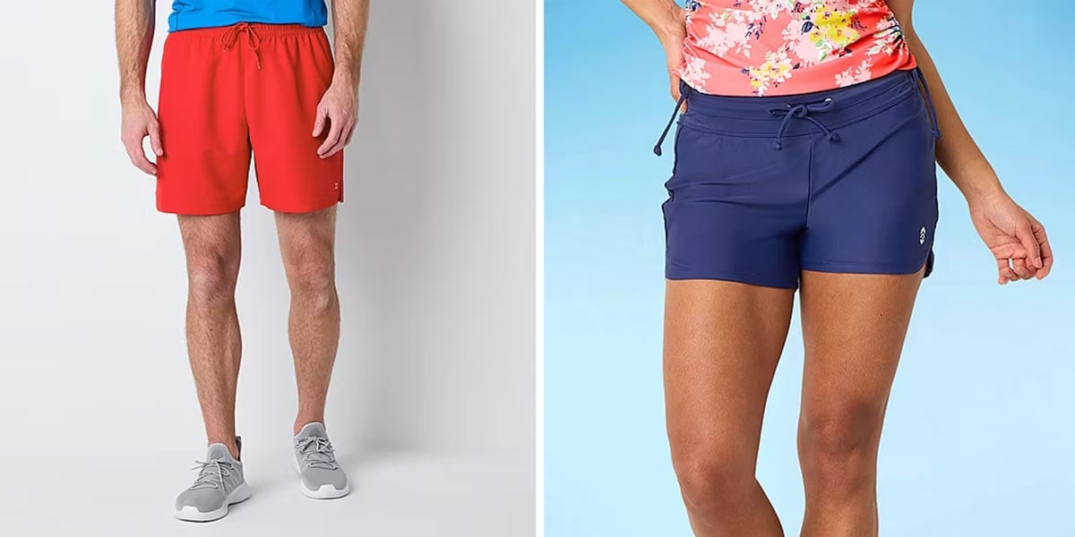 Split image showing two people: on the left, a person wearing red shorts and gray sneakers, on the right, a person in navy shorts and a floral pink top, both seen from the waist down against plain backgrounds.