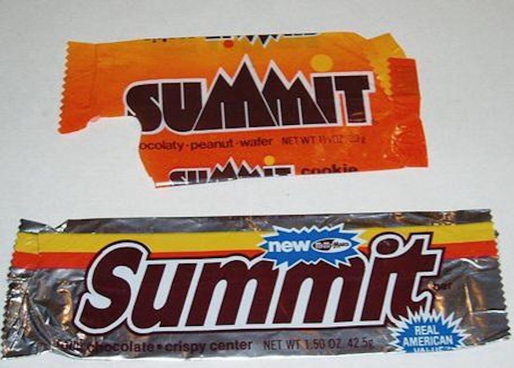 Two Summit candy bar wrappers are shown, one orange and one silver, both with bold "Summit" text. The orange wrapper is partially open; the silver notes "real American value" and "new!" in blue.