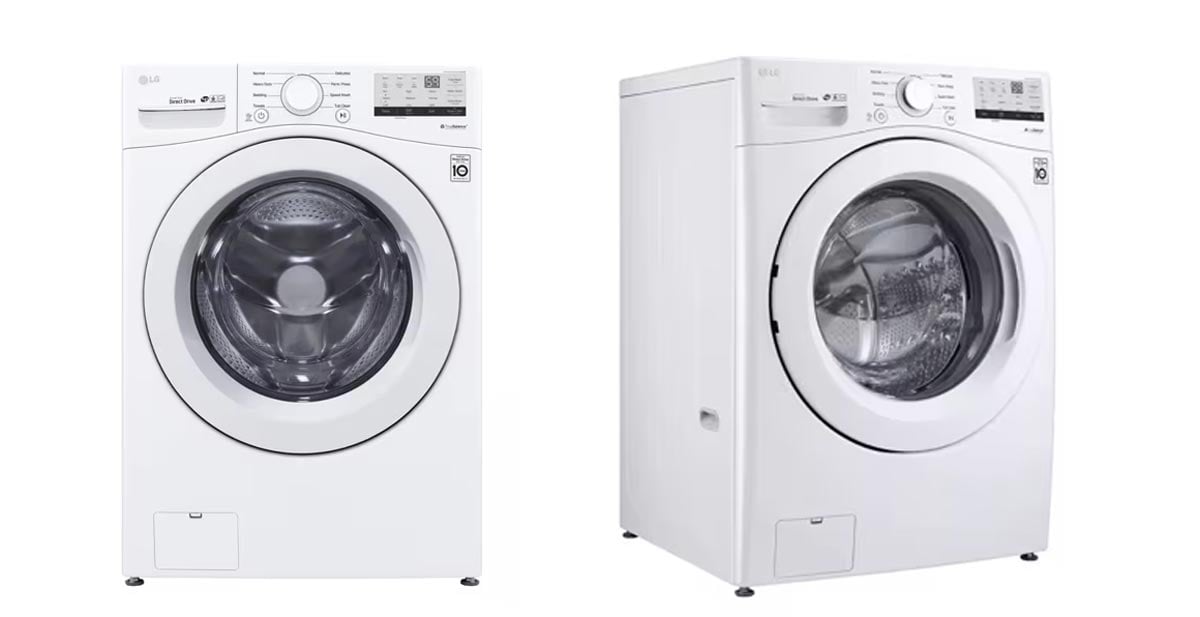 Two white LG front-loading washing machines are displayed, shown from different angles. The machines feature a digital control panel and a circular glass door on the front.