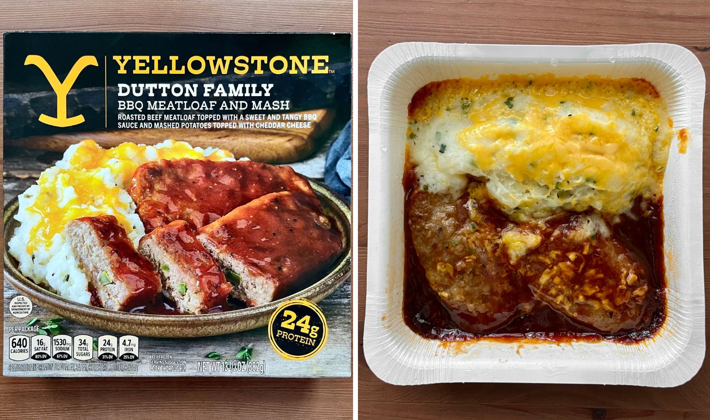 A packaged meal labeled "Yellowstone Dutton Family BBQ Meatloaf and Mash" is shown next to its cooked contents, featuring meatloaf with BBQ sauce, mashed potatoes, and melted cheddar cheese.