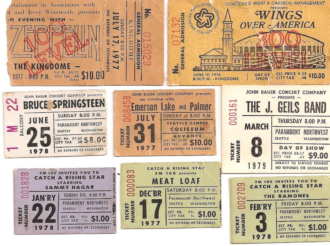 A collage of nine vintage concert tickets from bands and artists including Led Zeppelin, Wings, Bruce Springsteen, Emerson Lake and Palmer, The J. Geils Band, Sammy Hagar, and Meat Loaf, dated from the 1970s to early 1980s.