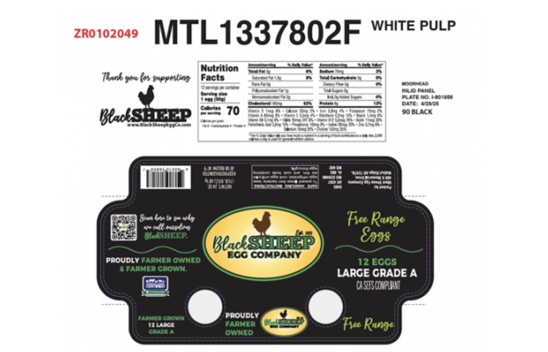 Egg carton label with barcode and nutrition facts. "Black Sheep Egg Company" logo with a chicken silhouette. Text highlights free-range, large grade A eggs, farmer-owned, and supporting local farms. Color scheme is black with green and yellow accents.