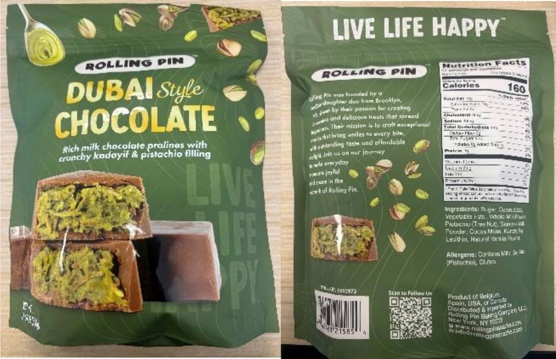 Front and back of a green package labeled “ROLLING PIN DUBAI Style CHOCOLATE,” showing chocolate squares with green filling. Nutrition facts and ingredients are listed on the back. Slogan: “LIVE LIFE HAPPY.”