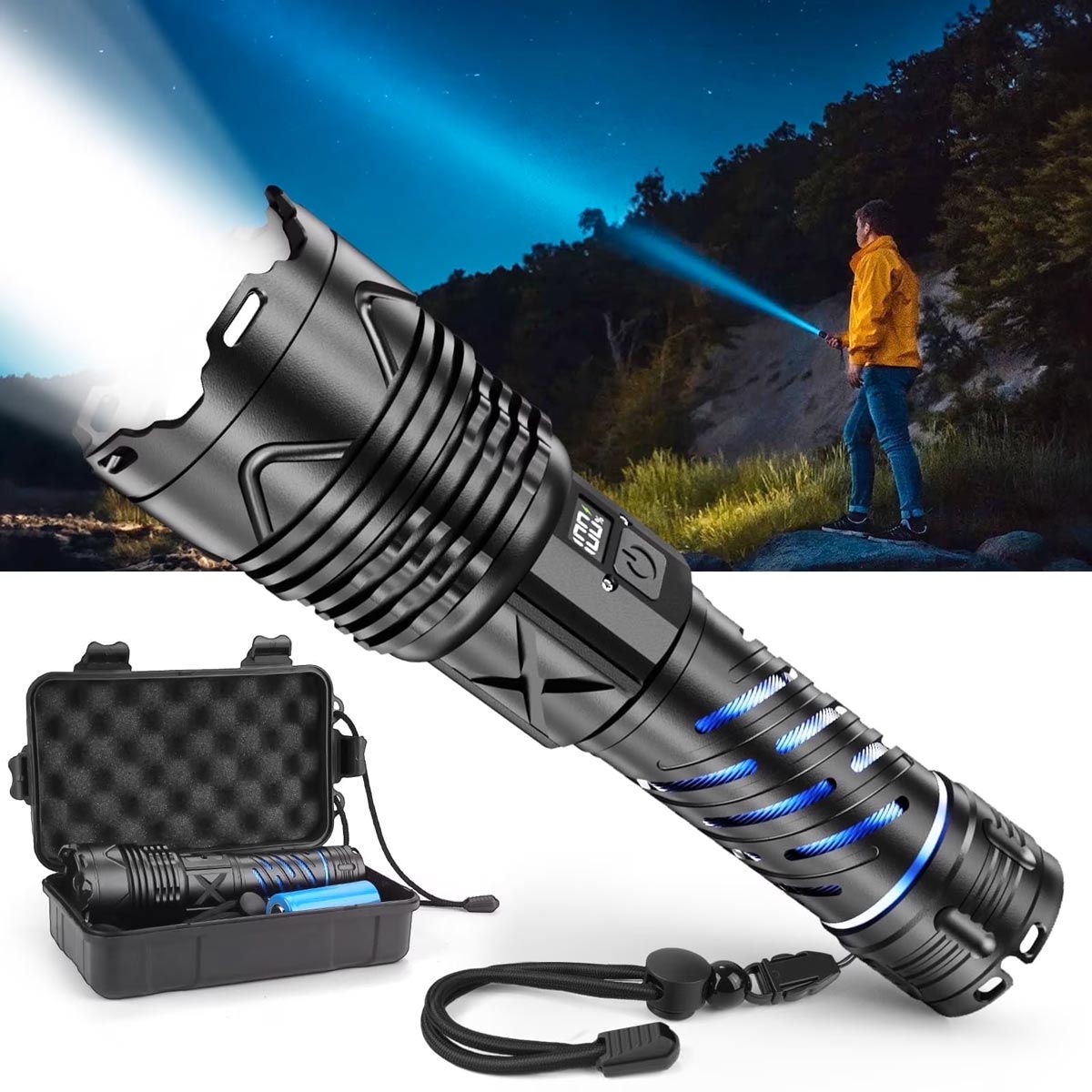 A powerful black flashlight shines a bright beam into the night sky. A person in a yellow jacket uses the flashlight outdoors. Below, the flashlight, case, and lanyard are displayed on a white background.