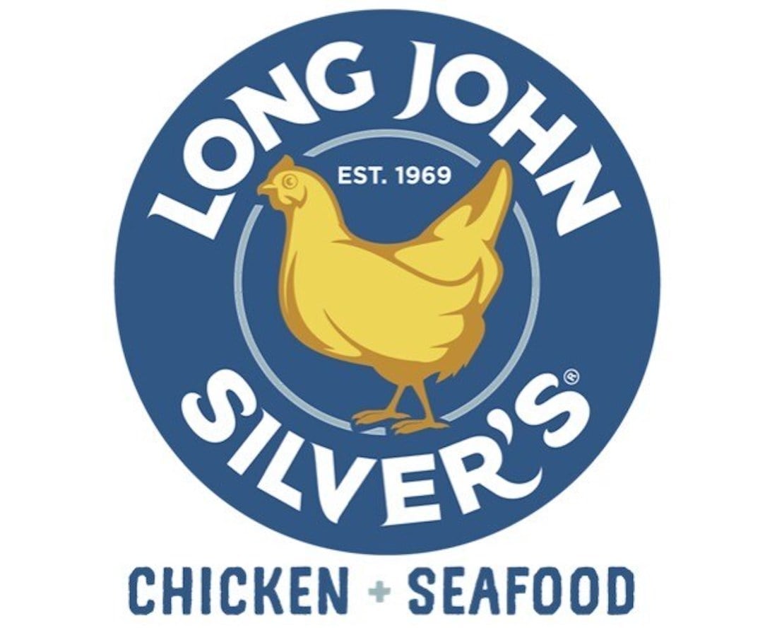 Long John Silver’s logo with a yellow chicken in the center of a blue circle, “EST. 1969” above, and “CHICKEN + SEAFOOD” below in blue letters.