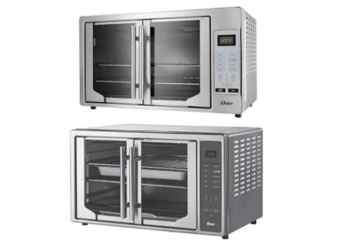 Two stainless steel countertop toaster ovens with French doors, digital displays, and control panels are shown side by side. Both ovens have multiple racks for cooking or baking.