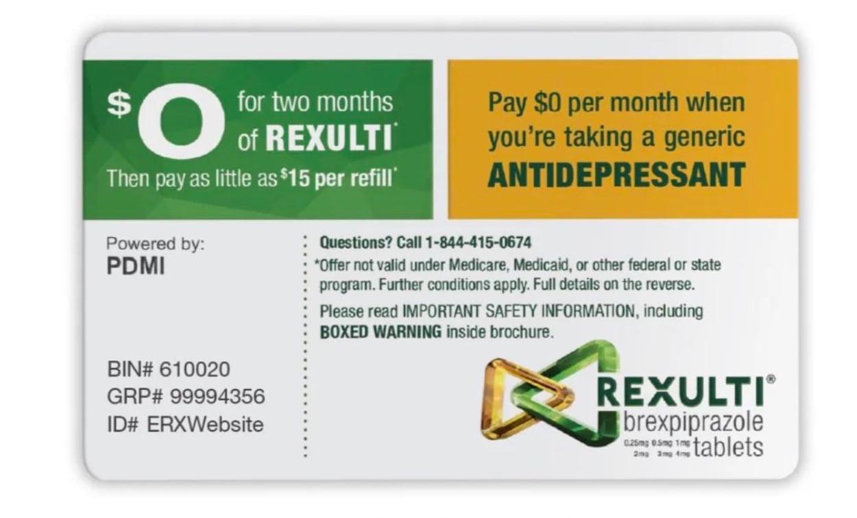 A prescription savings card for REXULTI tablets offers two months free, then refills as low as $15, or $0 per month with a generic antidepressant. Includes contact info, safety warning, and prescription codes.