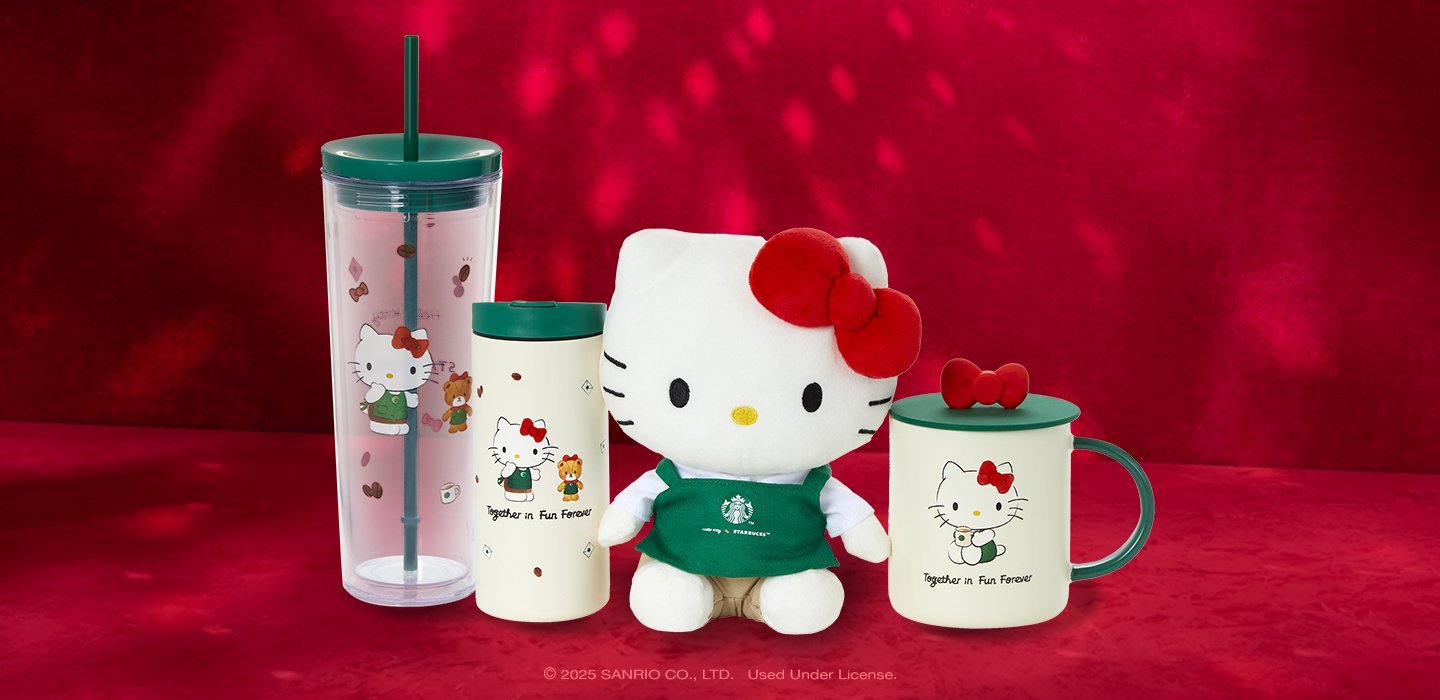 A plush Hello Kitty toy in a green Starbucks apron sits between a clear tumbler, a travel mug, and a green-rimmed ceramic mug, all decorated with Hello Kitty designs, against a red background.