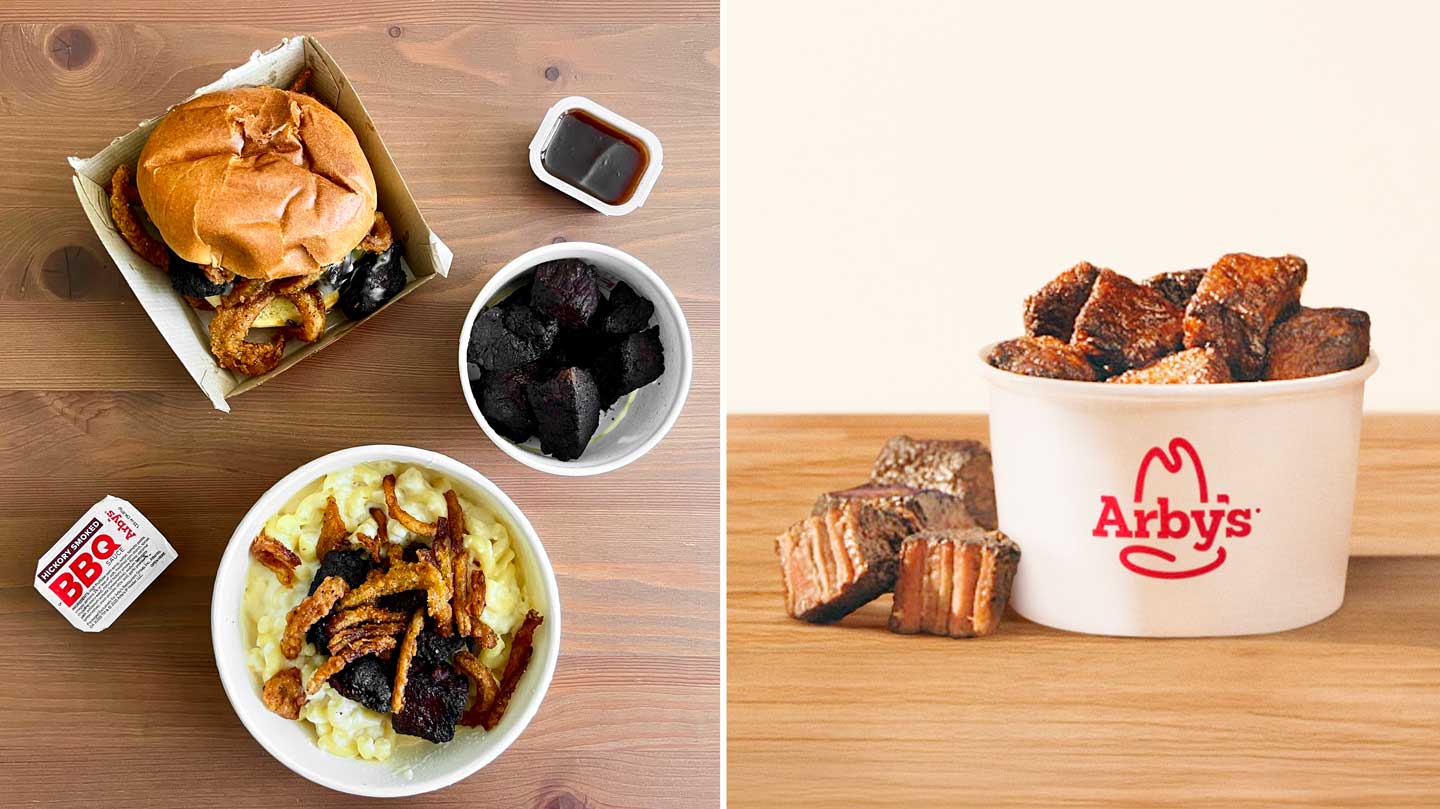A split image: left side shows a BBQ steak nugget sandwich, a bowl of mac and cheese with steak nuggets, a cup of steak nuggets, and BBQ sauce; right side features Arby’s steak nuggets on wood—perfect for fans seeking an Arby's steak nuggets review or taste test.