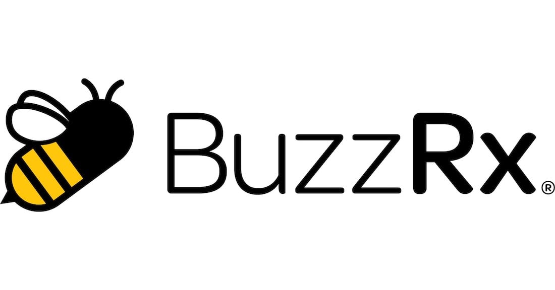 Logo of BuzzRx featuring a stylized bee with black and yellow stripes, positioned to the left of the text "BuzzRx" in black letters on a white background.