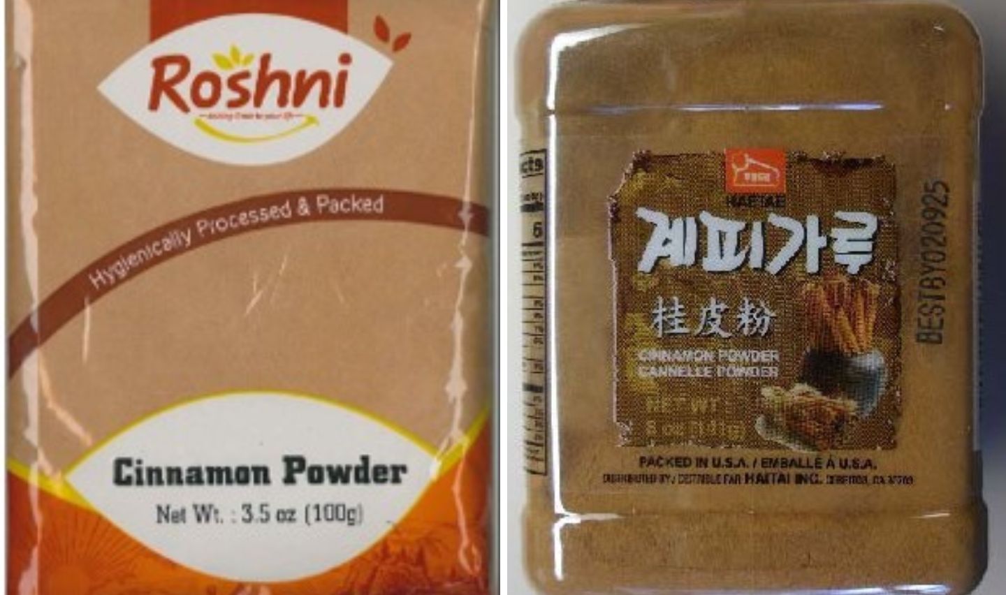 Two containers of cinnamon powder are shown side by side. The left has a "Roshni" label with English text, and the right has a brown label with English, Chinese, and Korean text and images of cinnamon sticks.