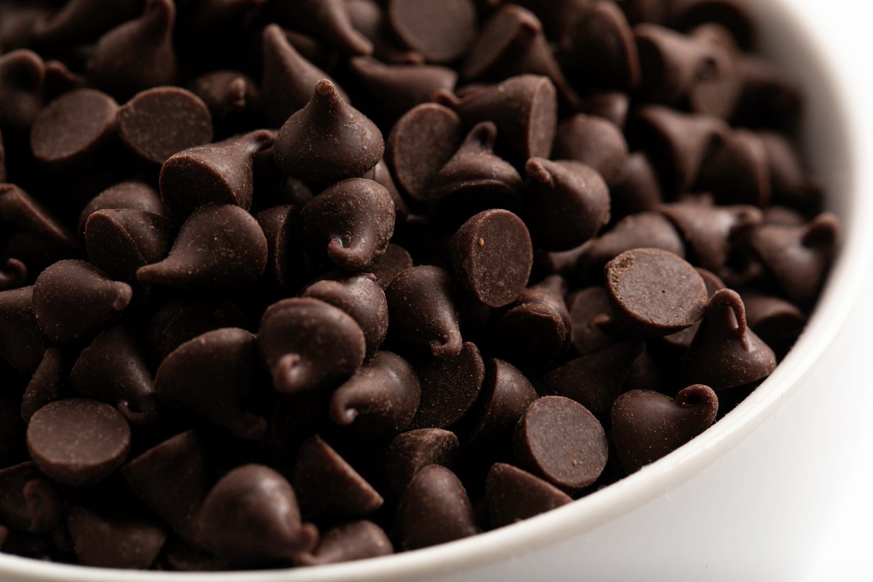 A close-up of a white bowl filled with dark chocolate chips, showing their smooth, glossy surfaces and distinctive teardrop shapes.