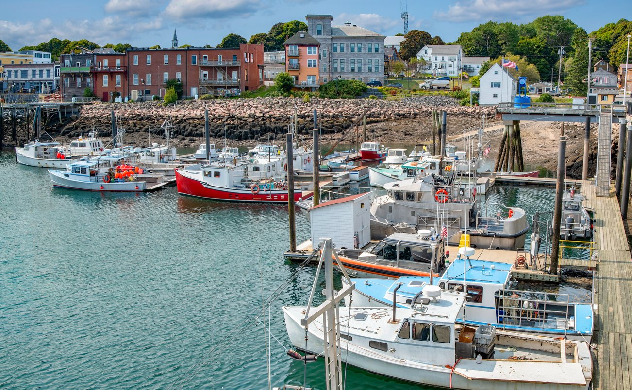 Several fishing boats are docked at a marina in a small coastal town, with red brick buildings, houses, and trees visible in the background under a partly cloudy sky.