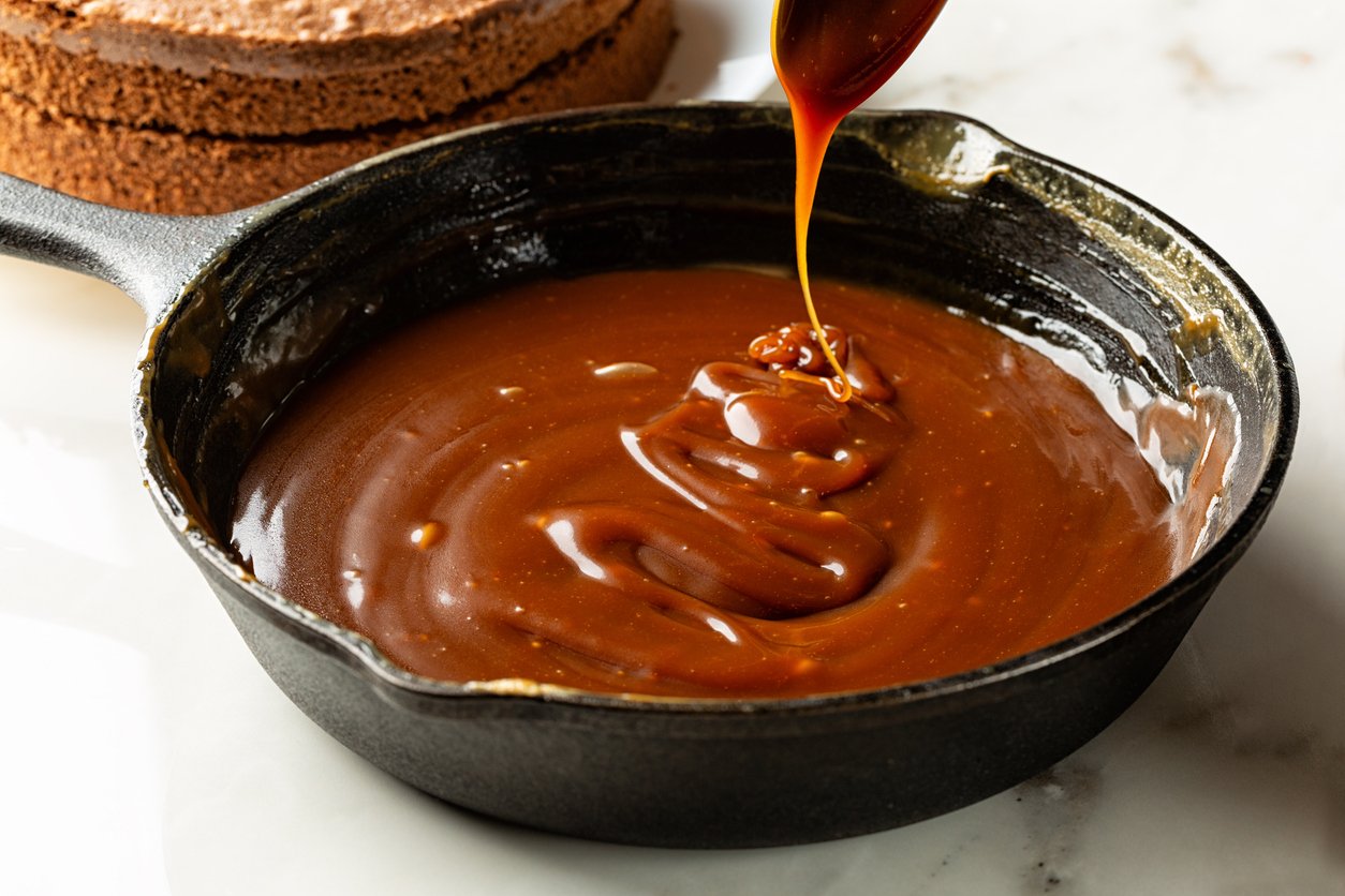 A close-up of caramel sauce being poured into a black cast iron skillet, with a chocolate cake layer in the background on a white surface.