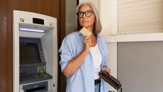 An older woman with gray hair and glasses stands next to an ATM, holding a bank card and a wallet, looking thoughtful and slightly upward.