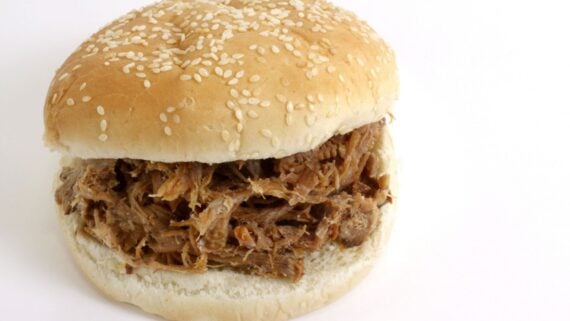 A sesame seed hamburger bun filled with shredded pulled pork sits on a white background.