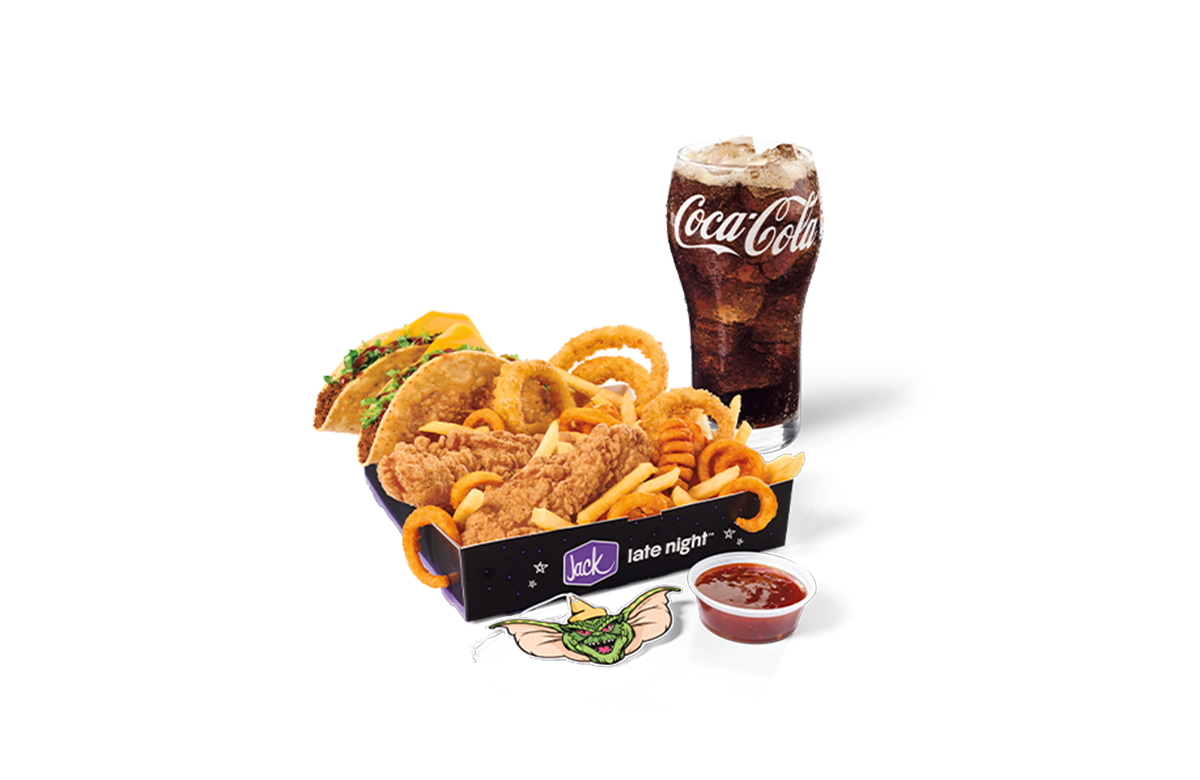A new fast-food menu meal featuring tacos, curly fries, onion rings, fried chicken strips, a cup of dipping sauce, and a large glass of Coca-Cola, with a "Jack late night" label and a cartoon character sticker in front.