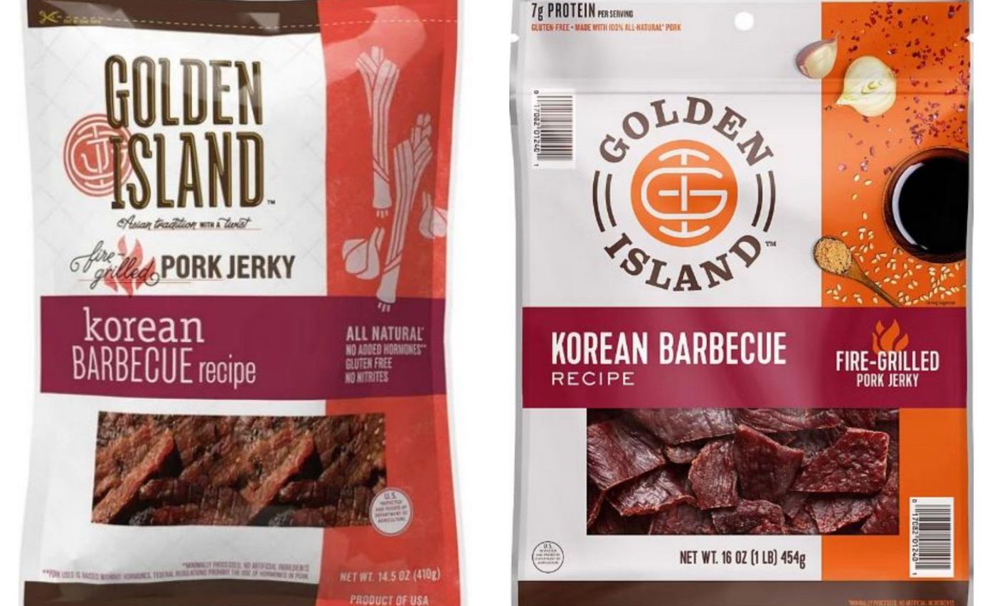 Two packages of Golden Island Korean Barbecue Recipe Pork Jerky are shown side by side, each with different packaging designs, featuring images of jerky pieces and branding on the front.