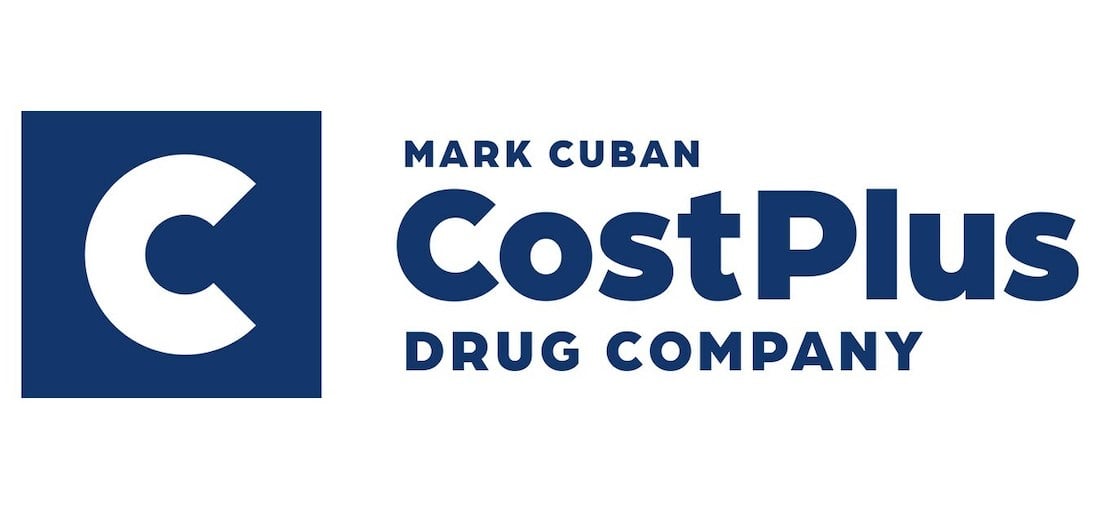 Logo for Mark Cuban Cost Plus Drug Company, featuring a large white "C" in a blue square on the left, and the company name in bold blue text on the right.