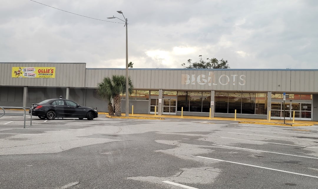An empty parking lot in front of a closed Big Lots store with faded signage; a single black car is parked near a palm tree, and a yellow Ollie’s Bargain Outlet banner hangs on the building’s left side.