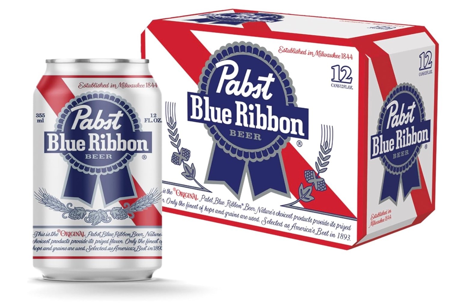 A can and a 12-pack box of Pabst Blue Ribbon beer are shown. Both have a red, white, and blue design with a large blue ribbon logo and the text “Pabst Blue Ribbon Beer” on the front.