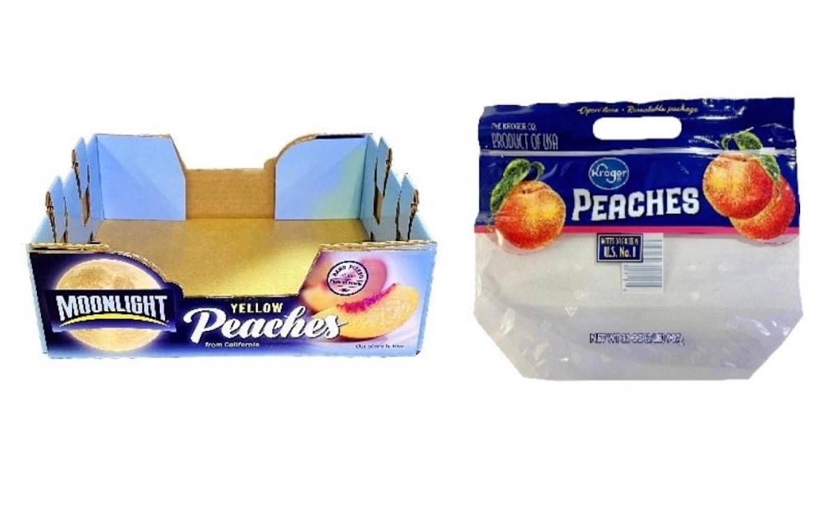Two peach packaging types: an empty blue and yellow Moonlight peach carton on the left, and a clear Kroger peaches plastic bag with a blue label and peach illustrations on the right.