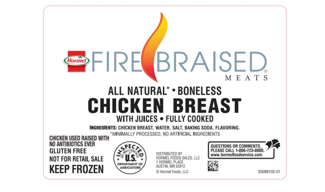 A food label for Hormel Fire Braised Meats All Natural Boneless Chicken Breast highlights its ingredients, USDA inspection, antibiotic-free and gluten-free claims, and instructions to keep frozen. Contact info and website are listed.