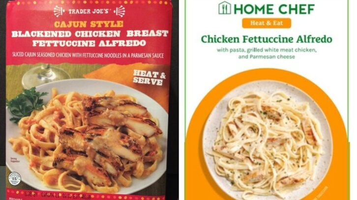 Side-by-side images of two packaged meals: Trader Joe’s Cajun Style Blackened Chicken Breast Fettuccine Alfredo (with sliced chicken on pasta) and Home Chef Chicken Fettuccine Alfredo (pasta with white sauce and chicken).