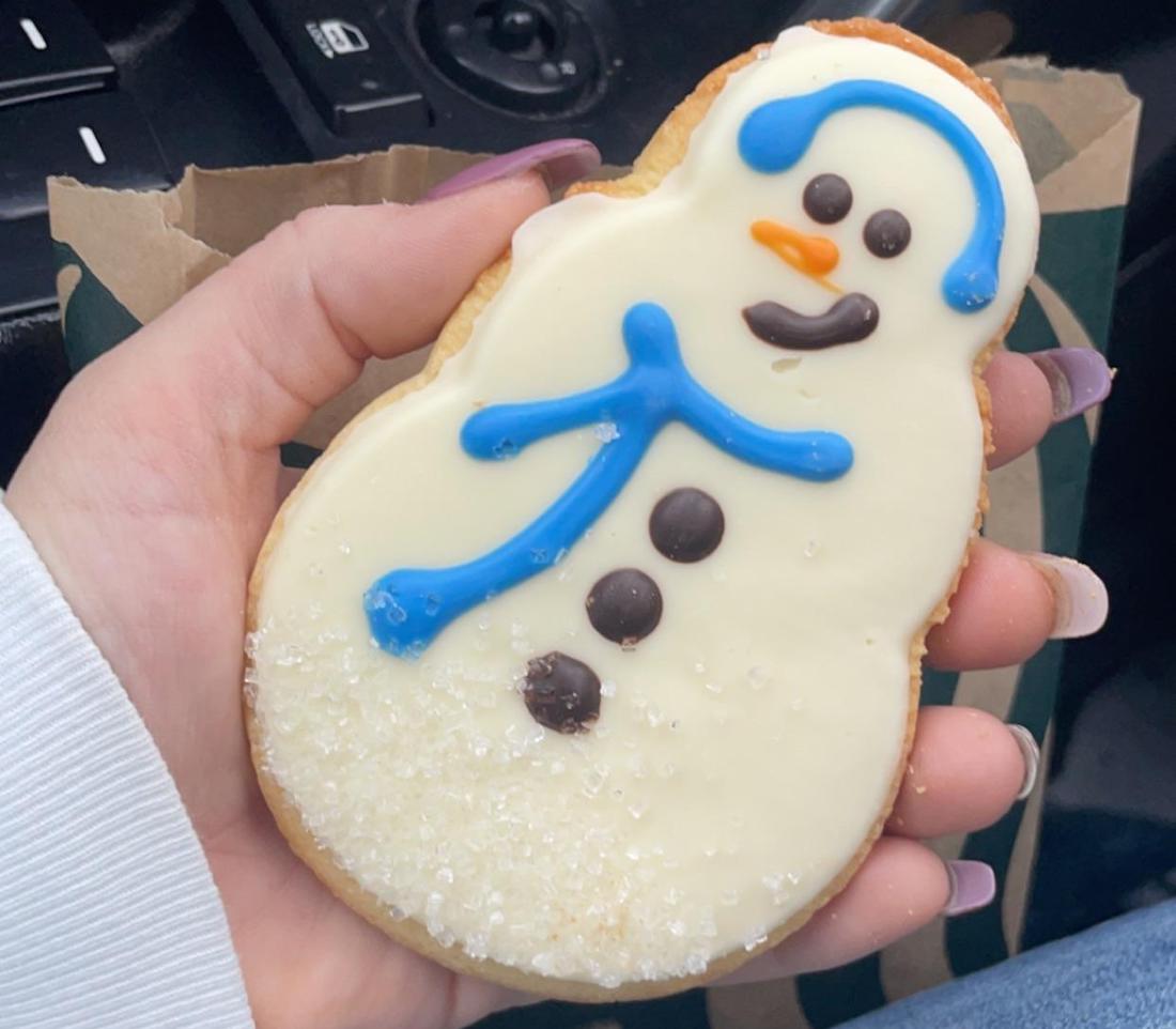 A hand holding a snowman-shaped cookie decorated with white icing, blue icing for earmuffs, a blue scarf, orange icing for a nose, chocolate dots for buttons, and a smiling face.
