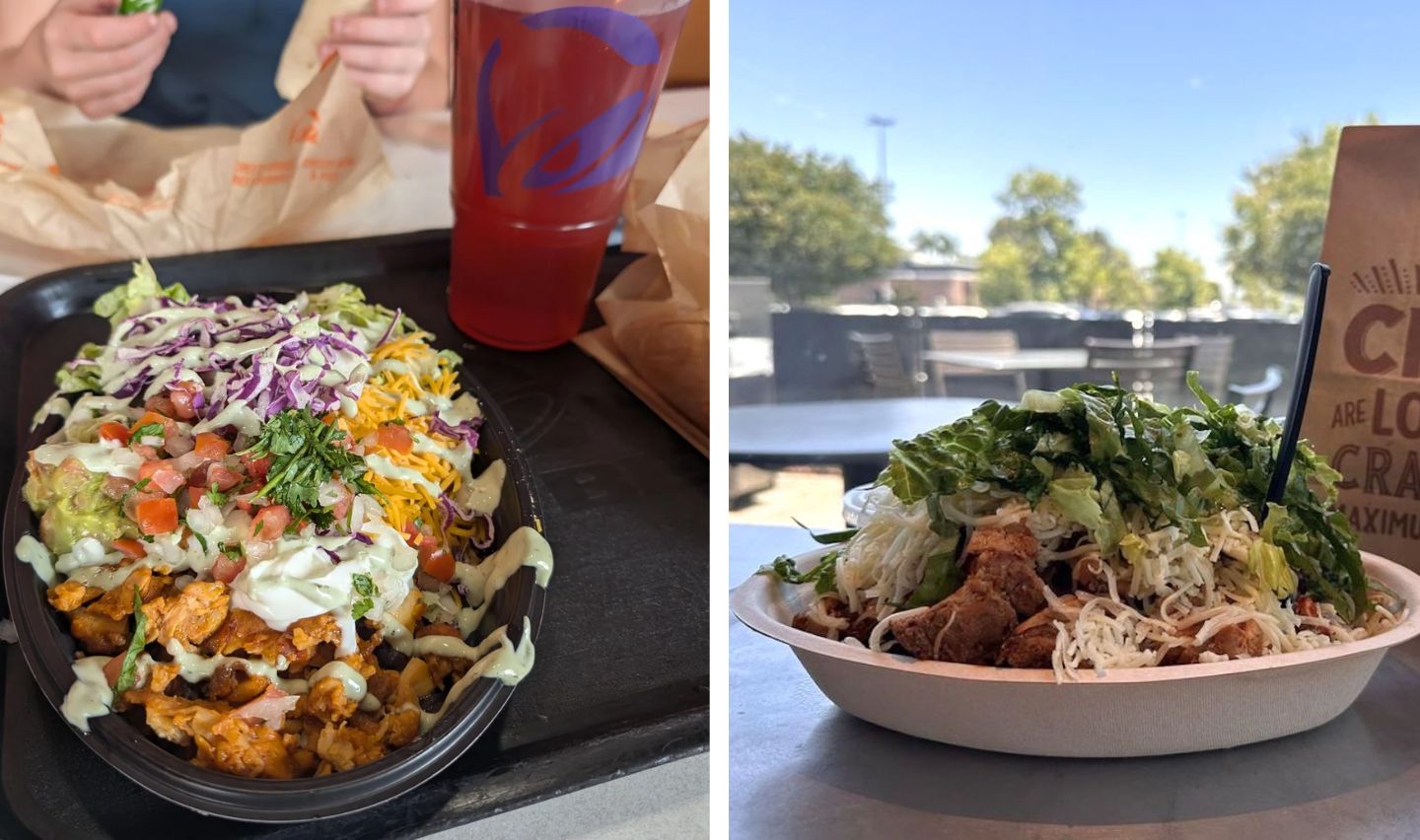 Side-by-side images: Left, a tray with a Taco Bell Power Menu Bowl and a large red drink. Right, an outdoor table with a Chipotle bowl filled with rice, meat, lettuce, and cheese, next to a brown paper bag.