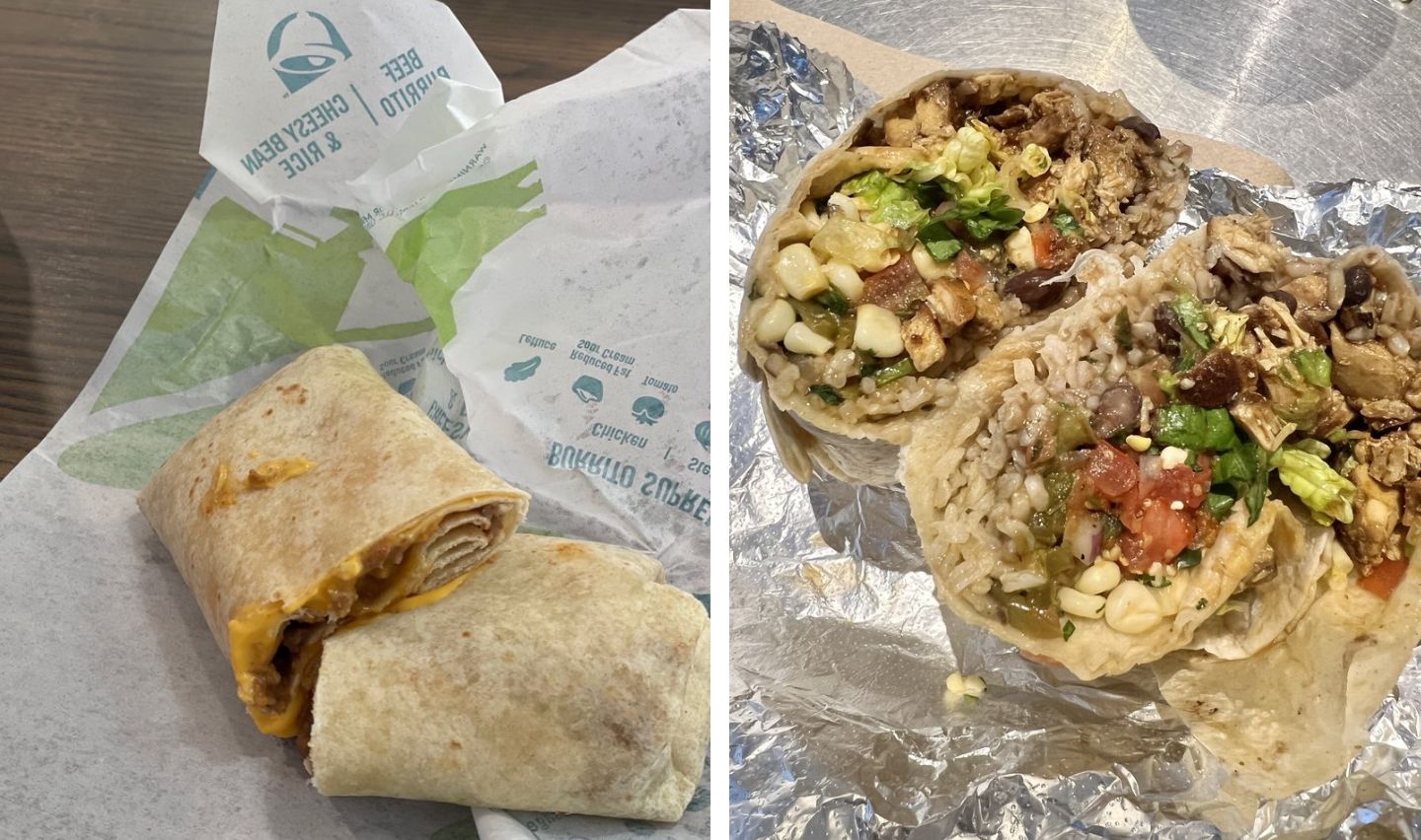 Side-by-side photo: on the left, a wrapped and sliced Taco Bell burrito with melted cheese; on the right, two halves of a foil-wrapped burrito filled with rice, beans, salsa, corn, lettuce, and other toppings.