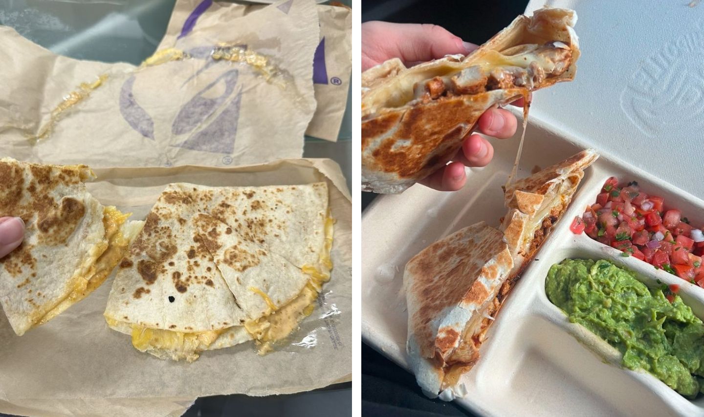 Side-by-side image: Left, a plain cheese quesadilla in Taco Bell wrapping. Right, a hand holding a cheesy, grilled quesadilla with visible fillings, served with pico de gallo and guacamole in a takeout container.