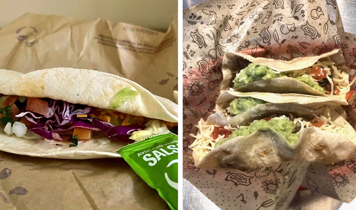 Two images of tacos: the left shows a soft tortilla taco with lettuce, cabbage, tomato, and a salsa packet; the right shows two tacos with cheese, guacamole, and diced tomato on a patterned wrapper.