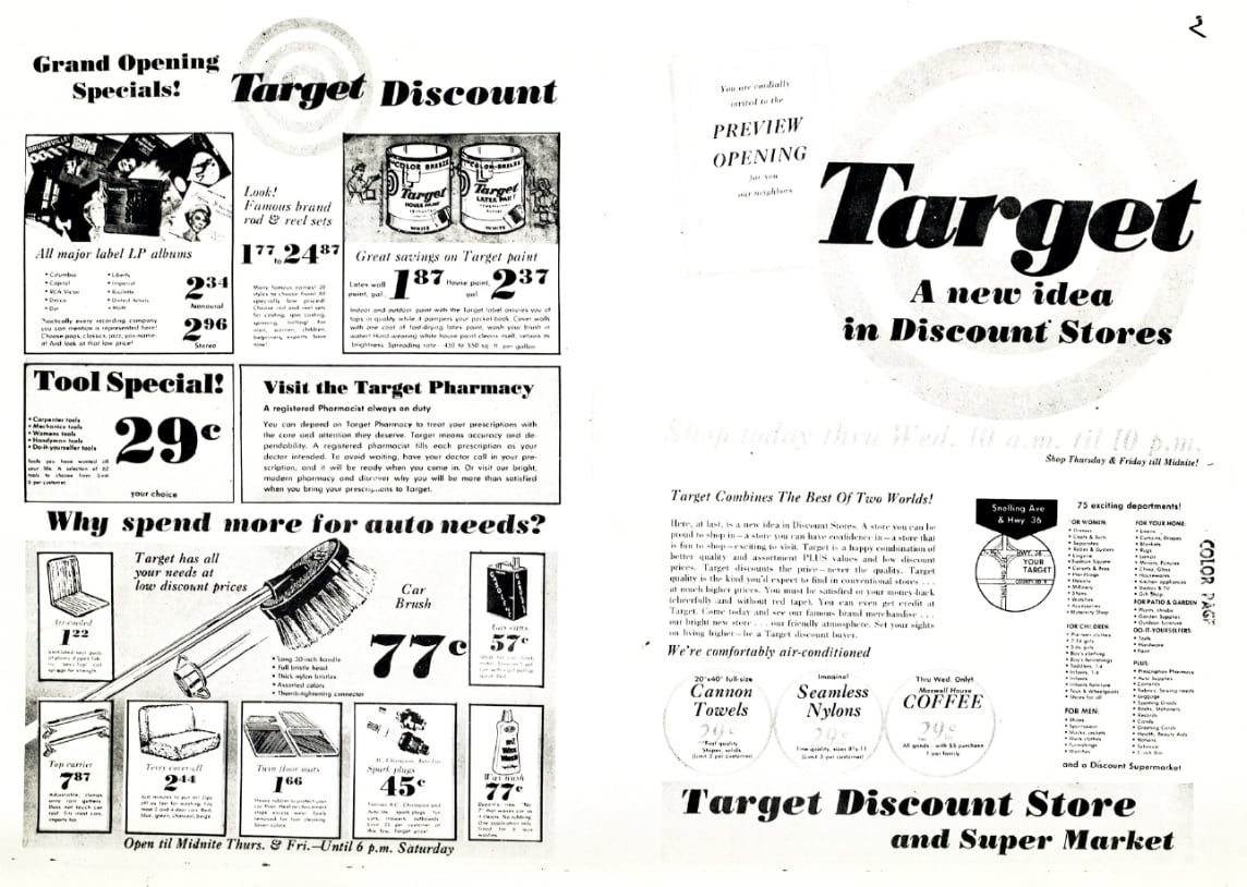 An old black-and-white newspaper ad for Target’s grand opening, featuring product images, prices, discounts on household items, auto needs, pharmacy, and store information, with “Target: A new idea in Discount Stores” as the headline.
