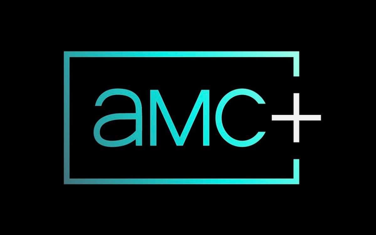 The AMC+ logo features the text "AMC" in lowercase blue-green letters followed by a white plus sign, all enclosed within a blue-green rectangular outline on a black background.